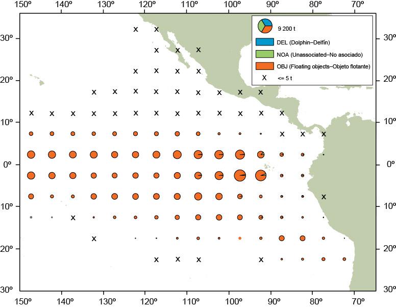 19 FIGURE A-3a. Average annual distributions of the purse-seine catches of bigeye, by set type, 2007-2011.