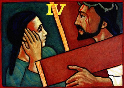 IV-ESTACION: Jesús se encuentra con su Madre 5 UNO: La madre recibe la noticia de que el Hijo fue preso. Ella va a buscarlo y lo encuentra en el camino del calvario.