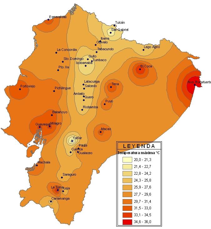 Gráfico 3. Distribución de la temperatura máxima en el mes de octubre En general los extremos de temperatura máxima se registraron en las estaciones Nuevo Rocafuerte (36.