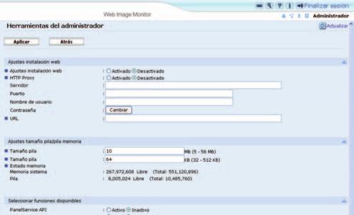 Pantallas de operaciones de Web Image Monitor 1 2 3 2 ES BXX004 1. [Aplicar] Haga clic para aplicar los cambios realizados en los ajustes. 2. [Atrás] Haga clic para volver al menú [Configuración] de Web Image Monitor.
