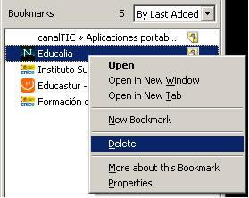 Open (Abrir la web referenciada en la misma ventana), Open in New Window (Abrir en nueva ventana) y Open in New Tab (Abrir en nueva pestaña). New Bookmark (Nuevo Marcador).