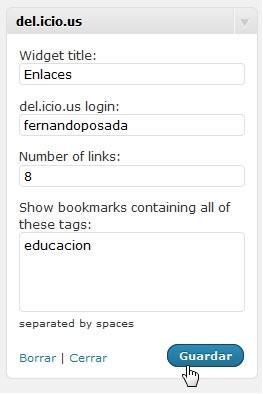 En el catálogo de widgets disponibles en la columna izquierda, arrastra y suelta en la columna derecha de widgets visibles un módulo con el título del.icio.