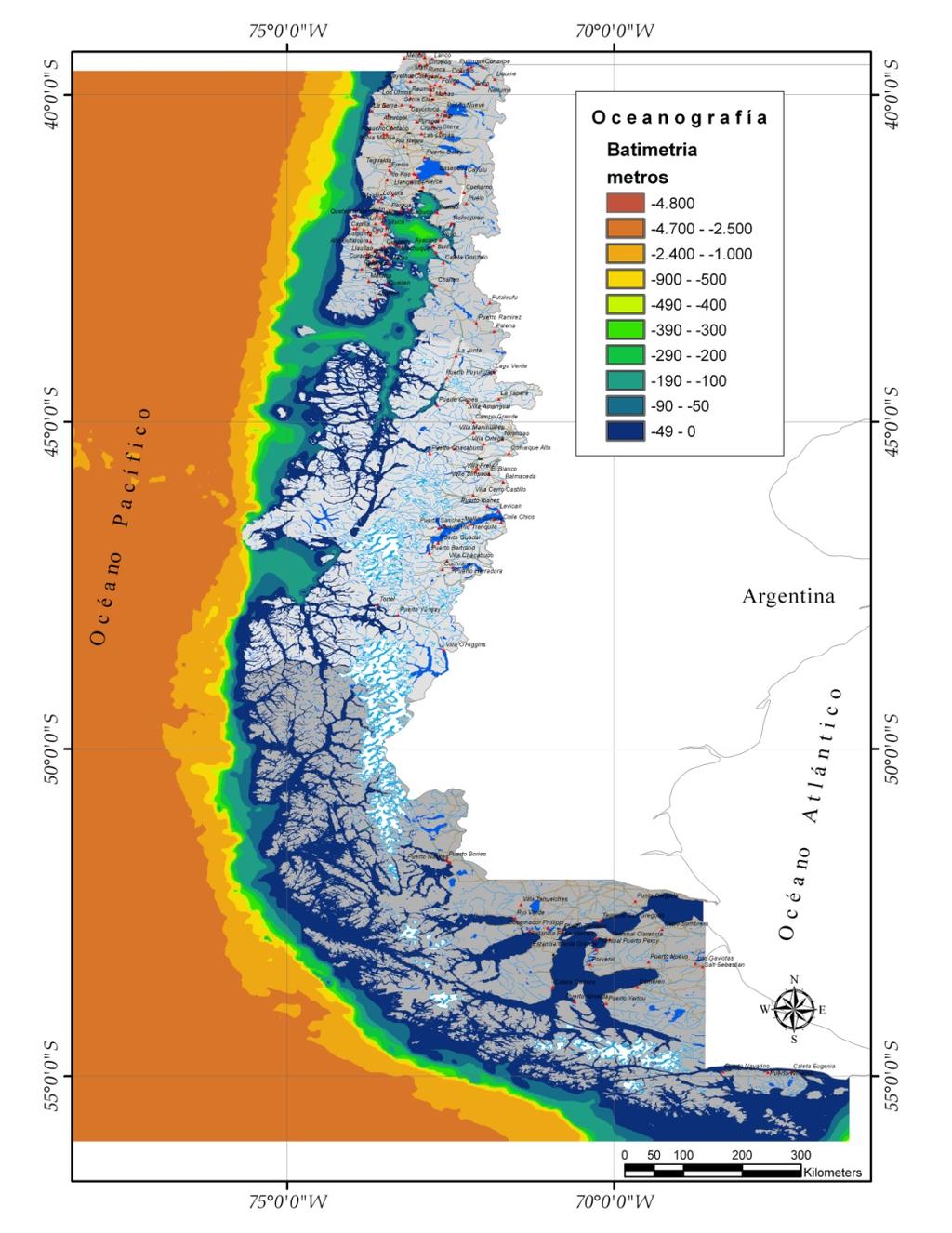 Información oceanográfica Batimetría La batimetría para el área de estudio se elaboró a partir de los datos reportados por el Servicio Hidrográfico y Oceanográfico de la Armada de Chile (SHOA) en sus