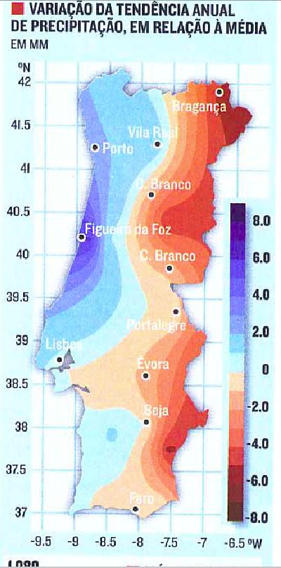(A) Las precipitaciones en el litoral son mayores que la media (B) Las precipitaciones en el área de Lisboa son igual a la media (C) Las zonas más urbanas tienen más lluvias que la