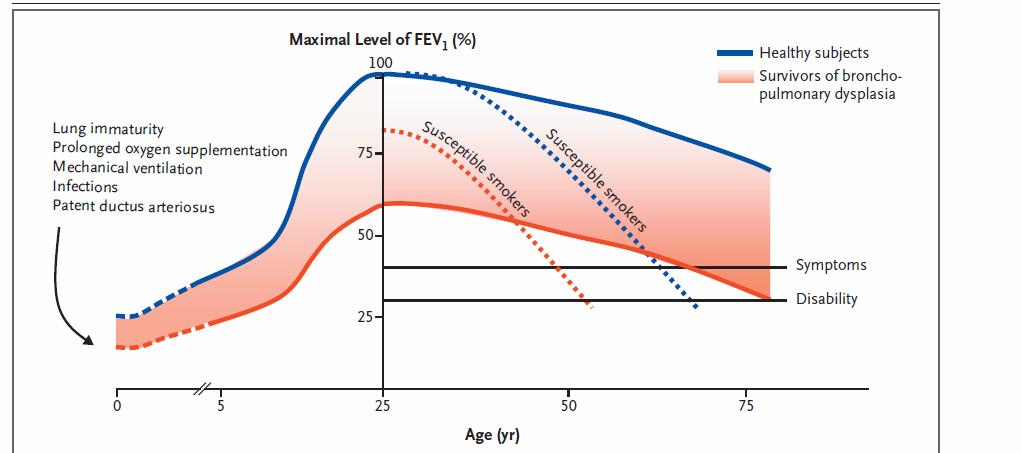 Nivel máximo de VEF1 Fu m es Su sc e l tib ep sc Su pt ib le s es or ad m ad or Fu O2 prolongado ARM Infección Ductus arterioso