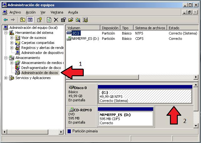Implementación de RAID 1 No mostrara la siguiente ventana y a continuación: 1. Vamos a la opción Administración de discos. 2.