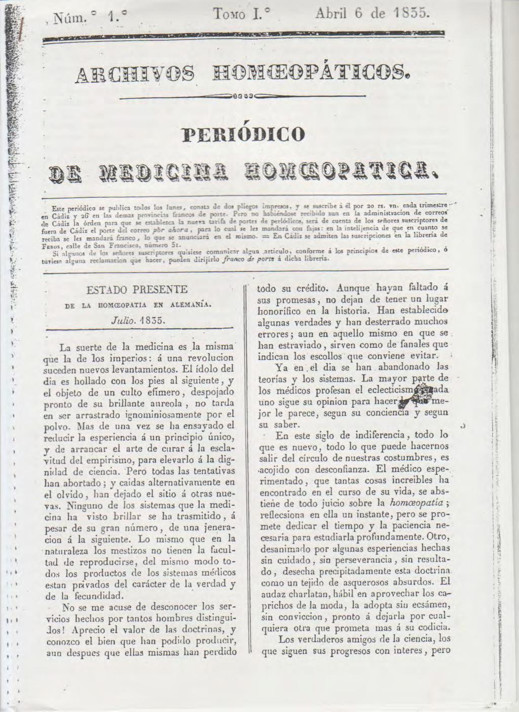 1835 CADIZ Archivos Homeopáticos, Periódico de Medicina Homeopática, durante 4 meses en Cádiz la primera revista sobre Homeopatía en castellano Sr.