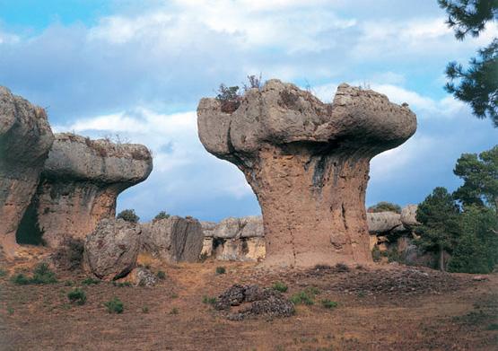 1.- Tipo de paisaje y área litológica: En la fotografía vemos un paisaje típico de modelado kárstico de la España caliza o calcárea, afectada por la erosión diferencial.