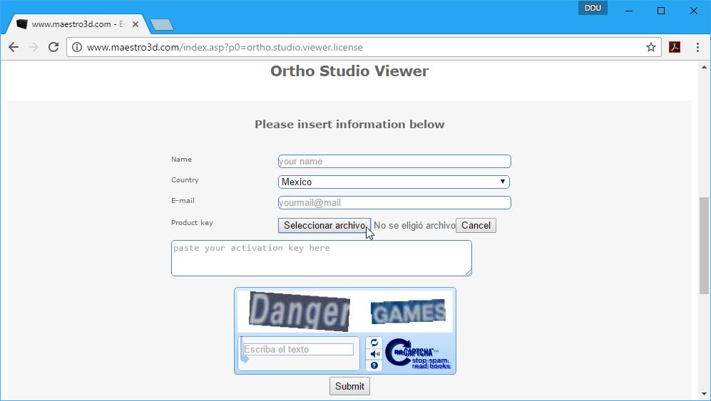 Página oficial de Maestro3D para solicitar licencia de Ortho Studio Viewer.