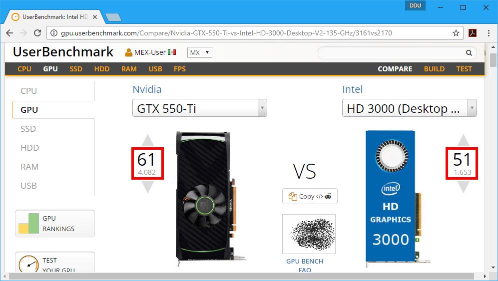 Ejemplo: Intel HD Graphics 3000 vs NVIDIA GeForce GTX550 Imagen 6. Búsqueda de comparativa entre tarjetas gráficas.