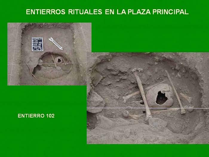 B) En Teopancazco hay casos excepcionales de entierros rituales (figura 6) como el entierro 102, que es el cráneo de una mujer que fue rodeado por huesos largos formando una especie de caja,