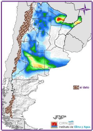 (mm) Lunes 28: Lluvias y lloviznas sobre Mendoza (sur), San Luis, Córdoba (sur), Santa Fe (sur), Entre Ríos, La Pampa y Bs. As. Lluvias y nevadas sobre Chubut y Santa Cruz.