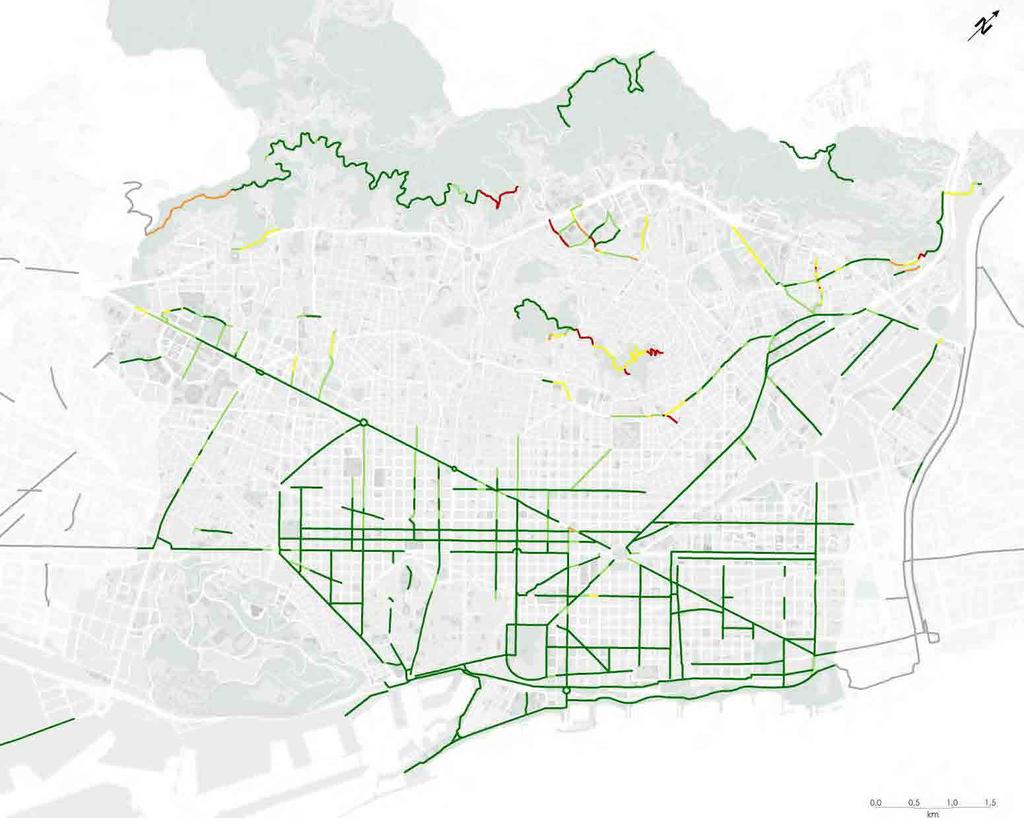 1,8% 2,0% 5,0% 15,4% 75,8% 0-2 2-4 4-6 6-8 > 8 Mapa: Pendent per tram de la Xarxa actual de bicicleta, 2012.