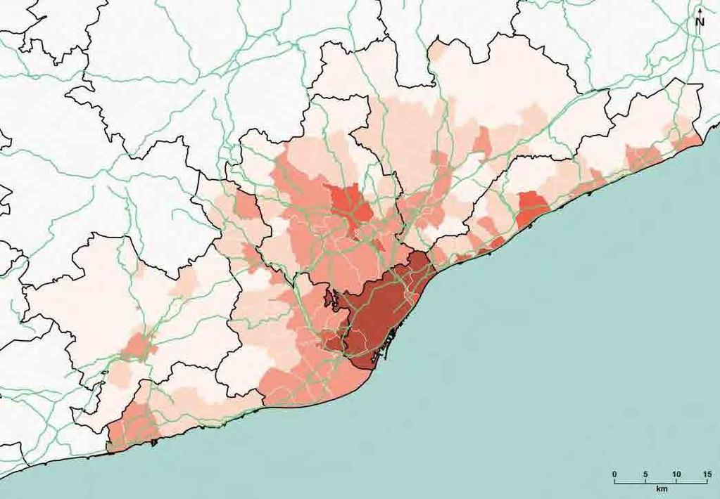 Densitat de població als municipis que conformen la Regió Metropolitana de Barcelona, 2011. Font: BCNecologia, a partir de dades de l INE (padró continu de població).