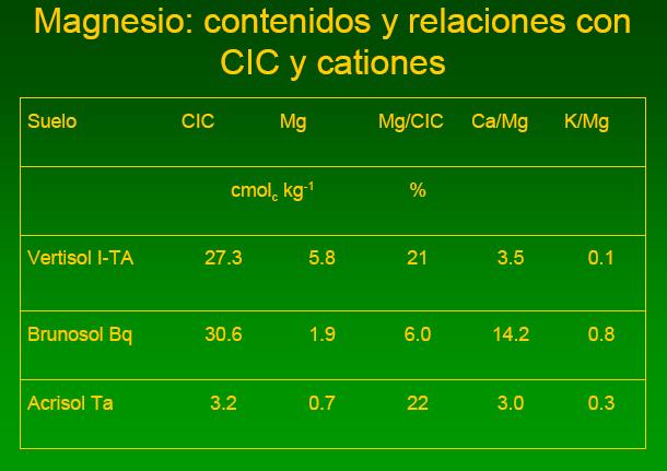 Deficiencia de Mg Diagnóstico de deficiencia de Mg Análisis de suelo => intercambiable Contenido absoluto de Contenido relativo de Competencia por absorción - % de CIC < 20 % - Relación Ca/Mg: >