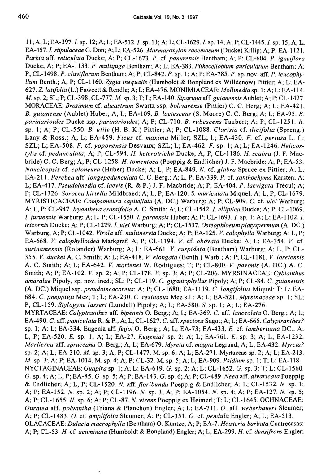 460 Caldasia Vol. 19, No. 3, 1997 ll; A; L; EA-397. 1. sp. 12; A; L; EA-5l2. l. sp. 13; A; L; CL-1629. 1. sp. 14; A; P; CL-1445. 1. sp. 15; A; L; EA-457.1. stipulaceae G. Don; A; L; EA-526.
