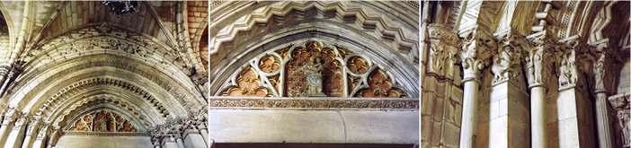 ❶ Parte de la parte superior de la portada, con la crestería sobre la misma. ❷ Tímpano de la puerta del claustro con la imagen del Virgen y el Niño.