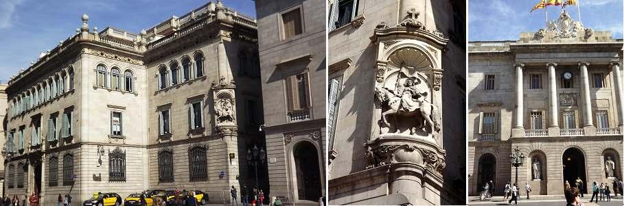 ❶ Edificio de la plaza contigua al ayuntamiento. ❷ Figura de Santiago con capa y conchas jacobeas. ❸ Fachada Ayuntamiento.