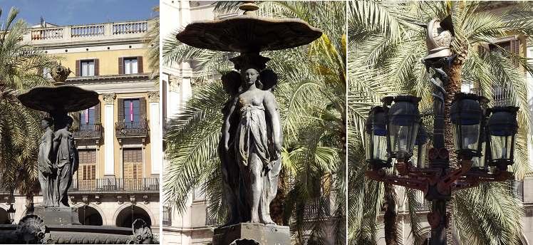 ❶ En el centro de la plaza esta la Fuente de las Tres Gracias. ❷ m. ❸ Las farolas tienen tres y seis brazos.