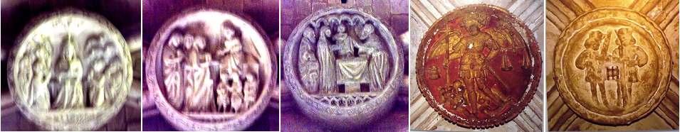 ❶ - ❷ - ❸ Diferentes claves de la bóveda de la nave. ❹ - ❺Claves del templo en la exposición. Era costumbre que en gótico las claves estuvieran policromadas, estas lo perdieron en el incendio de 1936.