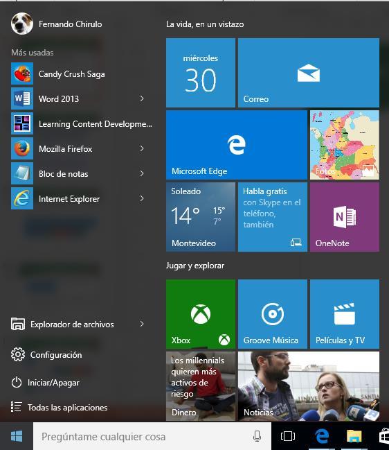 Conociendo Windows 10 1. Menú Inicio: Acceso a las aplicaciones más utilizadas Opciones de configuración Botón de Encendido/Apagado Zona para anclar favoritos 2. Tienda de Windows 3.