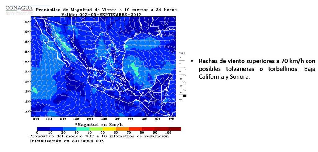 Pronóstico de vientos fuertes: Rachas de viento superiores a 60 km/h con posibles tolvaneras o torbellinos: Baja California y Sonora.