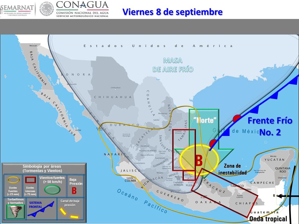 Evento de Norte con rachas de viento superiores a 60 km/h: Costas de Tamaulipas y Veracruz.