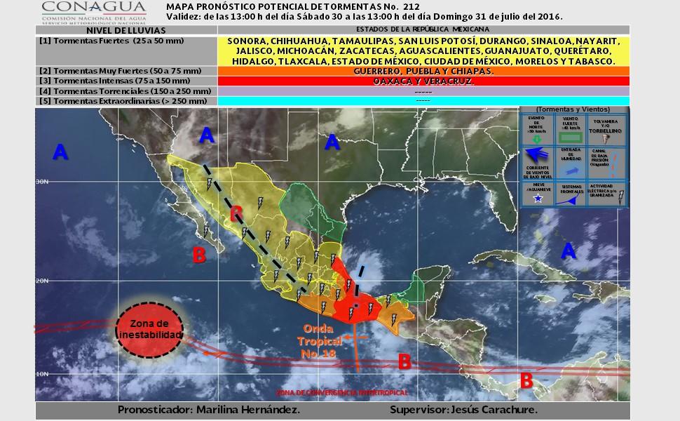 Intervalos de chubascos fuertes (25 a 50 mm) con tormentas puntuales muy fuertes (50 a 75 mm):guerrero, Puebla y Chiapas. Intervalos de chubascos (5.