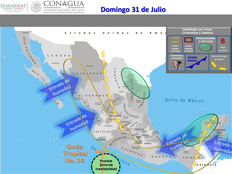 Intervalos de chubascos (5.1 a 25 mm) con tormentas puntuales fuertes (25 a 50 mm): Sonora, Oaxaca, Chiapas, Veracruz y Quintana Roo. Lluvias con intervalos de chubascos (5.