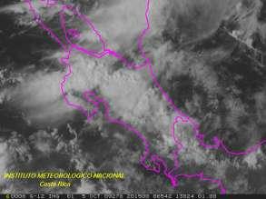 Imagen del canal visible del satélite GOES-12 del día 5 de octubre a las 2:15Z (2:15 pm) sobre Costa Rica. Núcleos convectivos resaltados en círculo rojo.