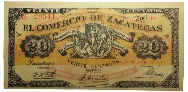 Lote 50: 20 Centavos El Comercio De Zacatecas. PI-ZAC-7. Condición: Unc. Escaso. 6.7 X 13.5 CM. Precio estimado entre $650.00 y $700.00 Precio de arranque: $650.