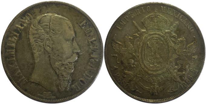 Lote 89: 1 Peso Maximiliano Mo 1866 Rayón En Busto. KM-389. Condición: Vf/Xf. Común. 37 MM 27 GR. Precio estimado entre $900.00 y $1,000.