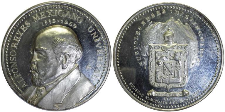 Lote 314: Sociedad Numismática De Nuevo León, 1975, Plata Alfonso reyes mexicano universal. NO CATALOGADA. Condición: Unc. Ligeramente Escaso. 39 MM 25.5 GR. Precio estimado entre $500.00 y $500.