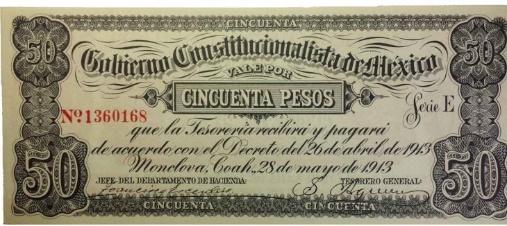 00 Lote 7: 50 Pesos, Gobierno Constitucionalista De México, Coahuila 28-mayo-1913, esta serie está considerada como la primer emisión revolucionaria. MI-COA-9.