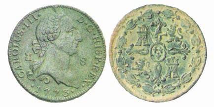 Monedas de Carlos III Segovia, 1773-1775 Cobre 400,00 e 469,10 e 232 Conjunto de tres monedas, dos de ellas por valor de dos maravedís y una de ocho maravedís, acuñadas en Segovia en época de Carlos