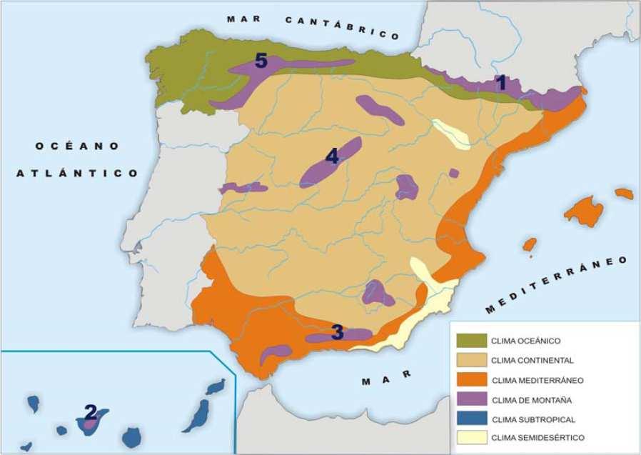 ACTIVIDAD 7. En el mapa siguiente están representadas las áreas que ocupan los diferentes climas de España.