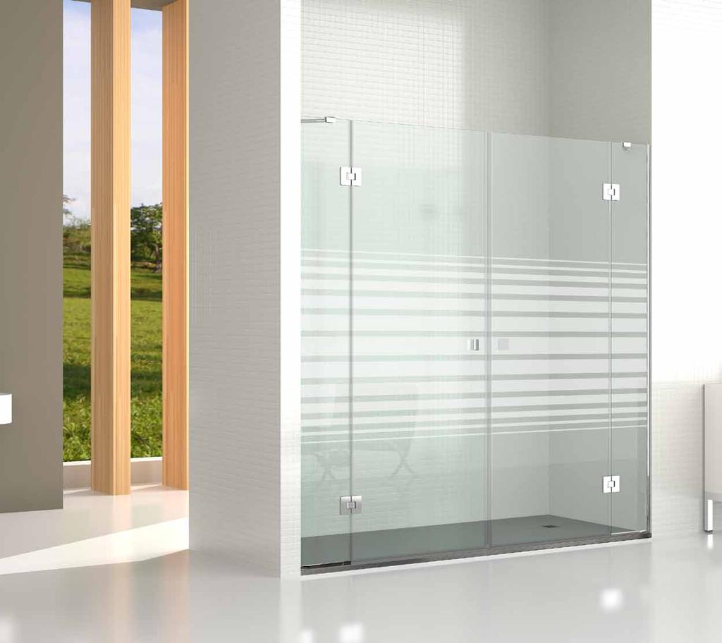 NOV Mampara para ducha o bañera con una o varias hojas fijas. Puertas abatibles hacia el exterior e interior. Vidrio templado de 8 mm.