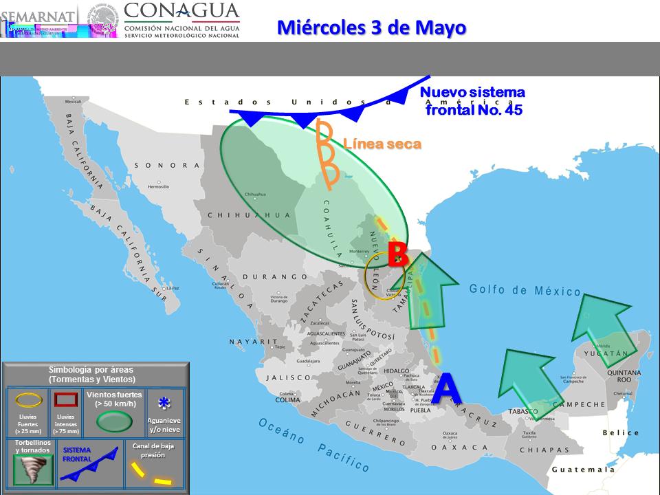 Viernes 5 de mayo: Intervalos de chubascos muy fuertes con tormentas puntuales intensas (75 a 150 mm): Veracruz, Oaxaca, Chiapas y Tabasco.