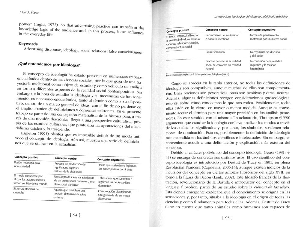 J. Garcia López Laestructura ideológica dei discurso publicitaria televisivo... power" (Inglis, 1972).