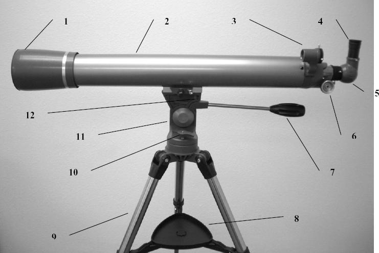 Figura 1-1 Refractor AstroMaster 70AZ 1 Lente objetivo (interior) 7 Mando de movimiento 2 Tubo óptico del telescopio 8 Bandeja para accesorios 3
