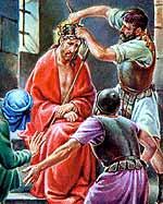16 3º JESÚS CORONADO DE ESPINAS Los soldados del procurador llevaron a Jesús al pretorio Le desnudaron, le pusieron una túnica roja y trenzaron una corona de espinas, se la pusieron en la cabeza ; se