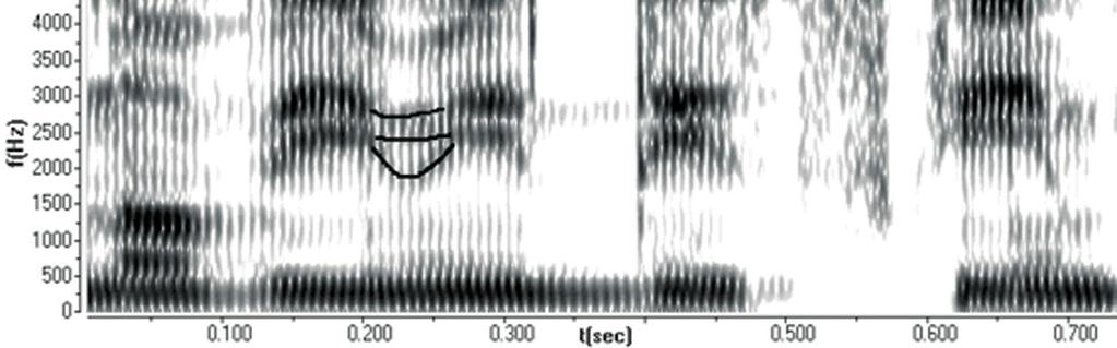 Radoslav Pavlík m Figure 8. Spectrogram of the phrase novým indickým with a palatalized [m] in the first word (speaker J. B. female, Rádio Slovensko, newsreading).