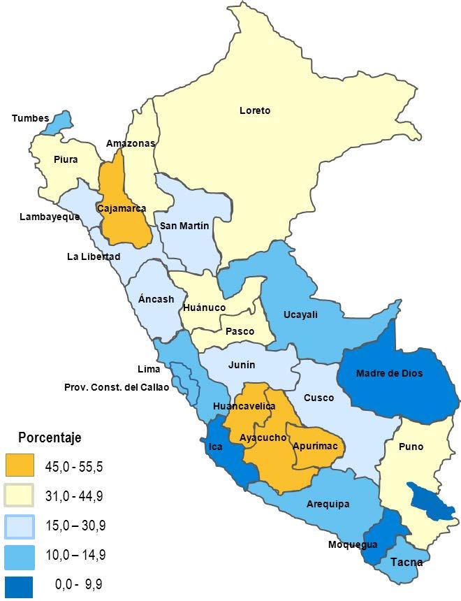 Incidencia de Pobreza Monetaria por grupos de departamentos, 2011-2012 *** *** ** ** * ** * EVOLUCIÓN DE LA POBREZA MONETARIA POR DEPARTAMENTO, 2011-2012 (Puntos porcentuales) Huánuco Cusco Loreto