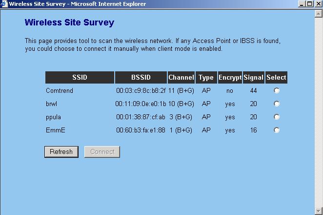 23) Seleccionar el botón Select Site Survey. Aparecerán las redes inalámbricas detectadas por el punto de acceso. 24) Descripción de campos: a. SSID: Nombre de la red (BSSID / ESSID) b.