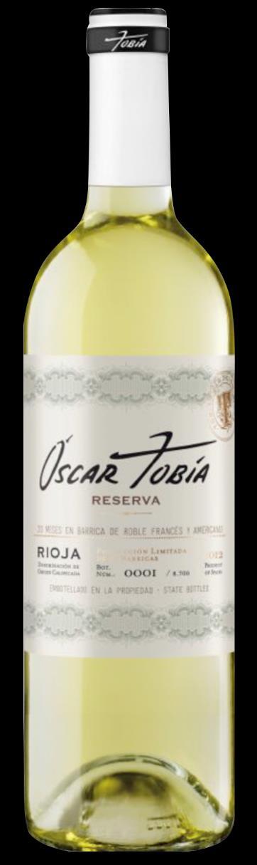 OSCAR TOBÍA BLANCO RESERVA Clasificación D.O.C. Rioja, vino blanco Variedades 55% Viura, 26% Tempranillo Blanco, 19% Malvasía Añada 2013 Cata De color amarillo dorado pálido, con brillo metálico y reflejos verdosos.