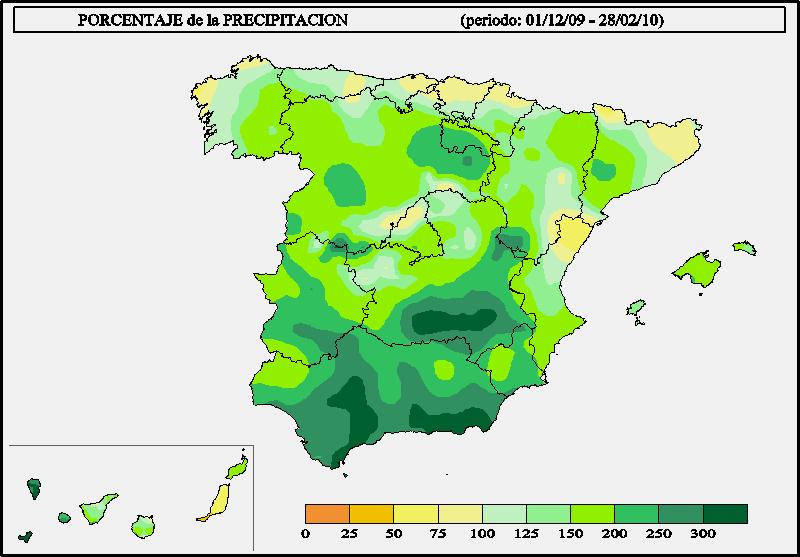 En cuanto a la distribución geográfica de las precipitaciones cabe resaltar que éstas sólo se sitúan por debajo de los valores medios para el trimestre en parte de las regiones de la vertiente