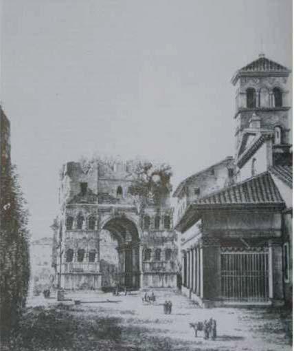 Informes y trabajos 7 196 Figura 1. Grabados del Arco de Iano realizado por Rossini en 1830 y 1836, antes y después de la intervención en la que se acomete la destrucción del ático original.