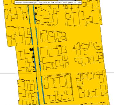 21 de diciembre, a la izquierda áreas peatonales, a la derecha área de tránsito de vehículos. Elaboración propia, mediante software Heliodon2.