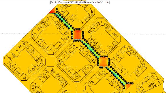 peatonales, a la derecha área de tránsito de vehículos. Elaboración propia, mediante software Heliodon2.