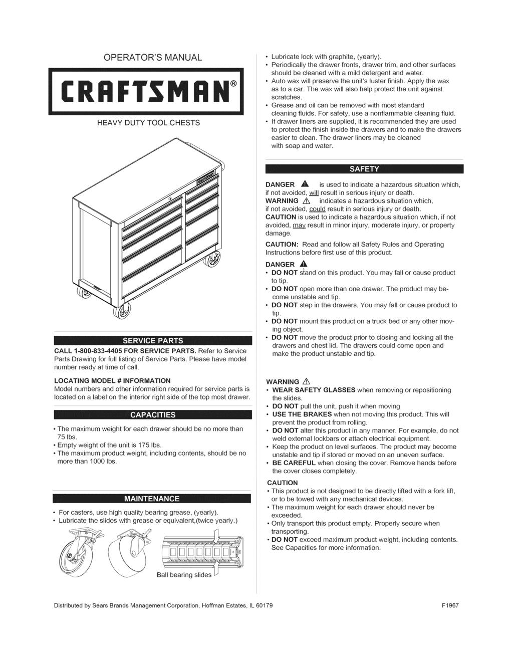 OPERATOR'S MANUAL CRFIFTSMRH HEAVY DUTY TOOL CHESTS Lubricate lock with graphite, (yearly).